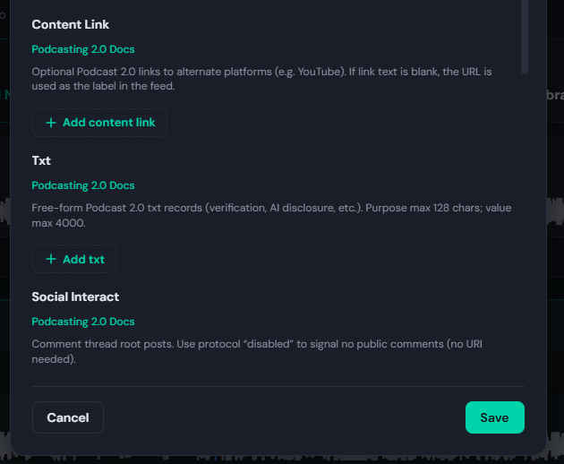 Episode Podcast 2.0 metadata editors