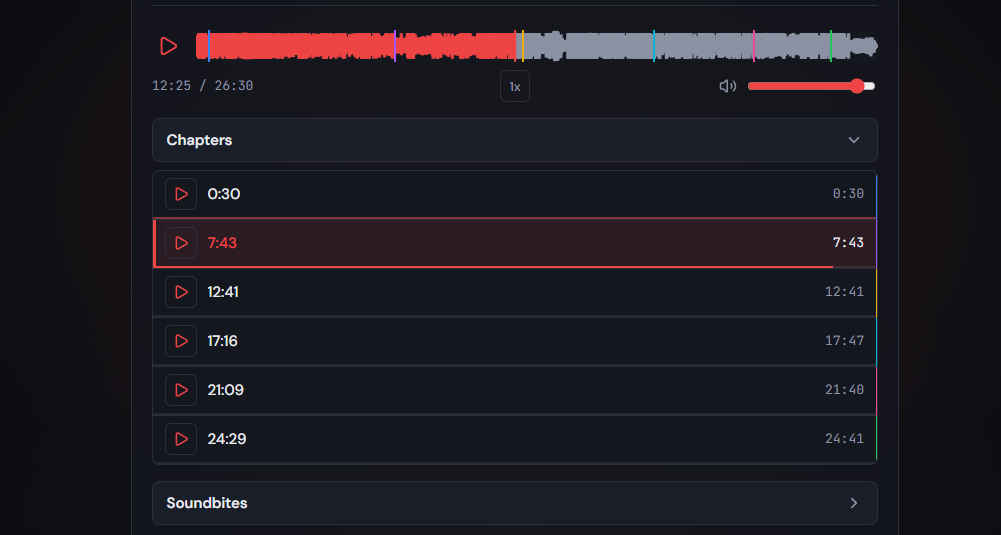 Public feed chapters list with waveform markers