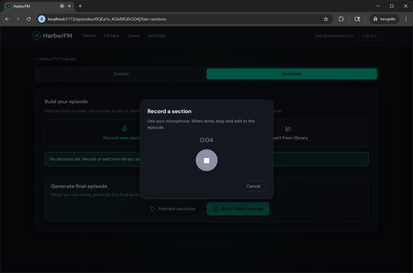 Record a section dialog