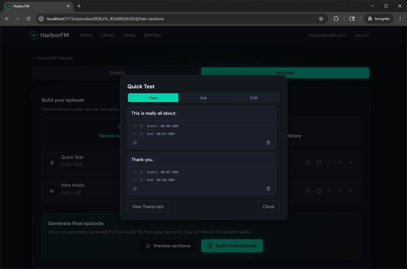 Segment transcript viewer with Ask tab