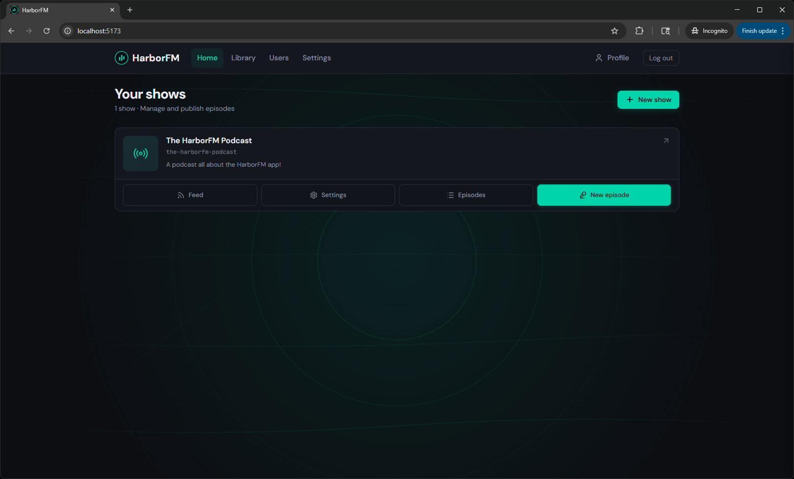 Dashboard listing podcast shows