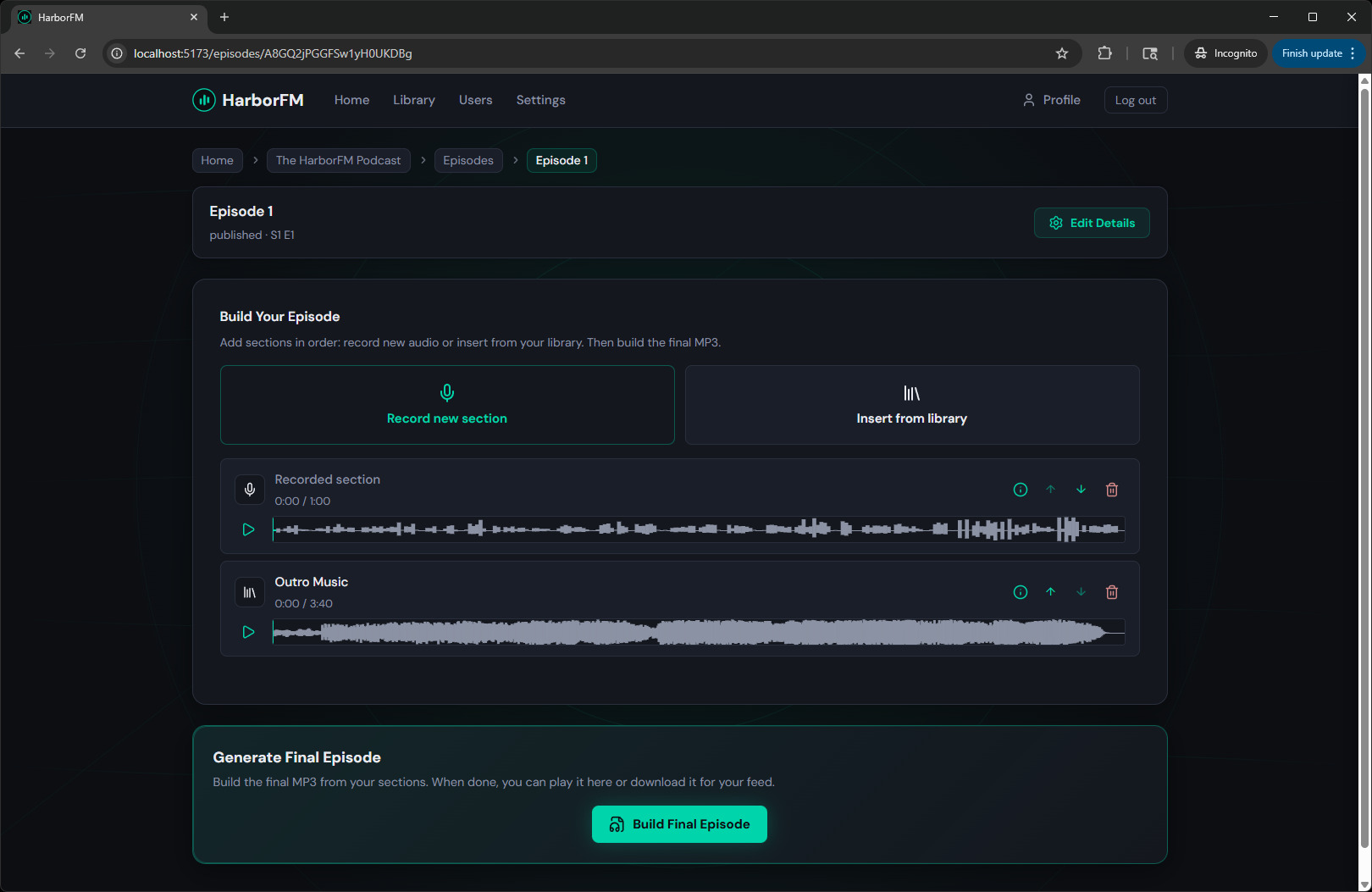 Episode builder with audio sections
