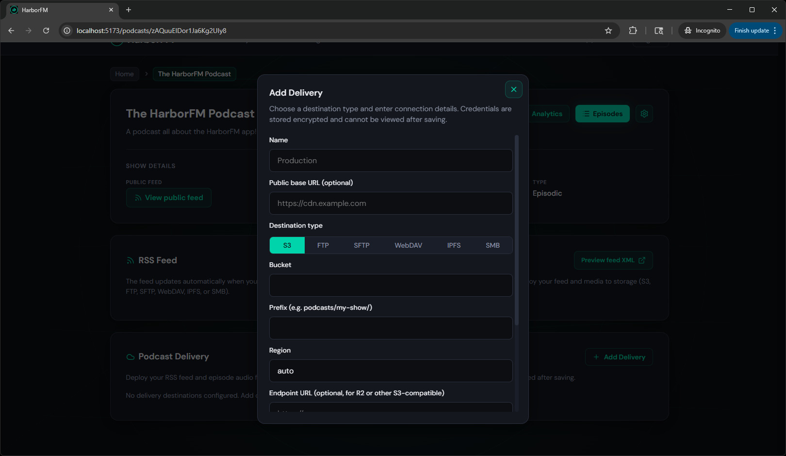 Add delivery destination dialog